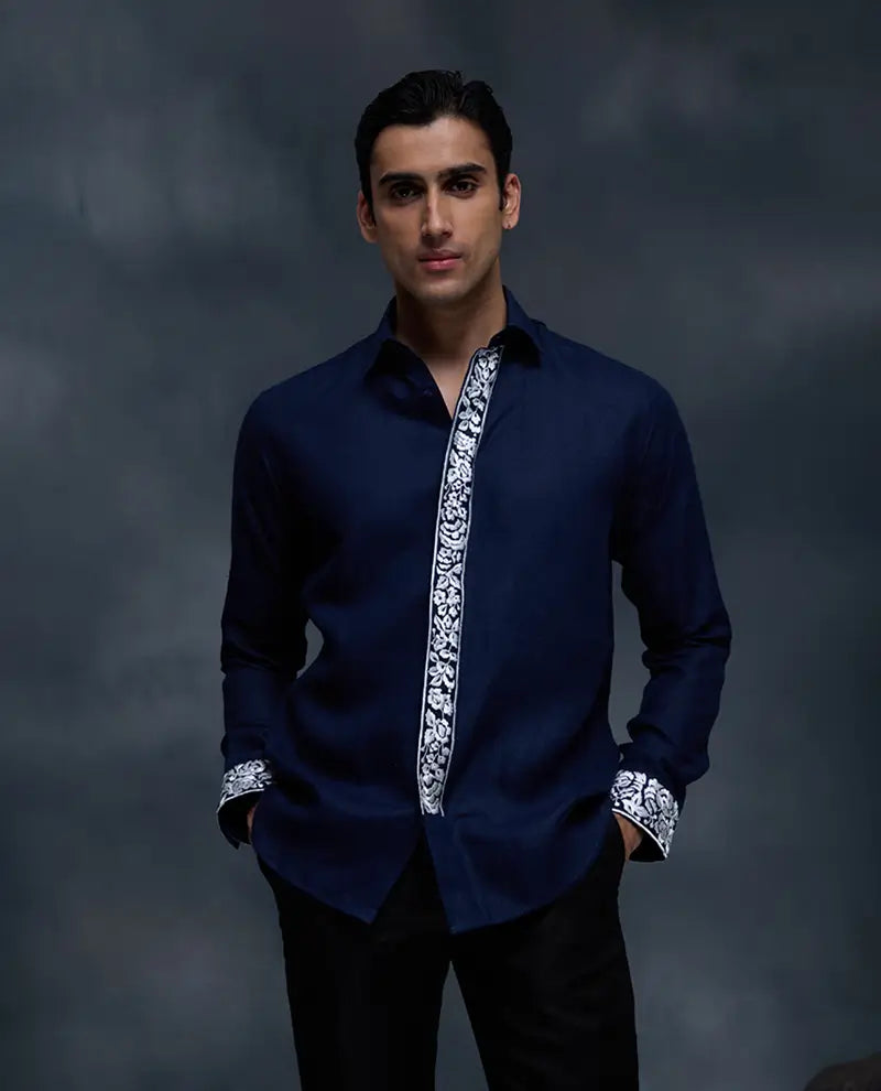 Navy Blue Placard and Sleeve Embroidered Linen Slim Fit Shirt