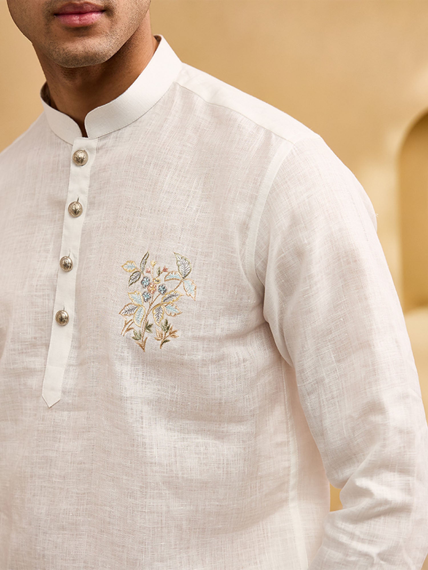 White Floral Embroidered Linen Kurti-Style Regular Fit Shirt
