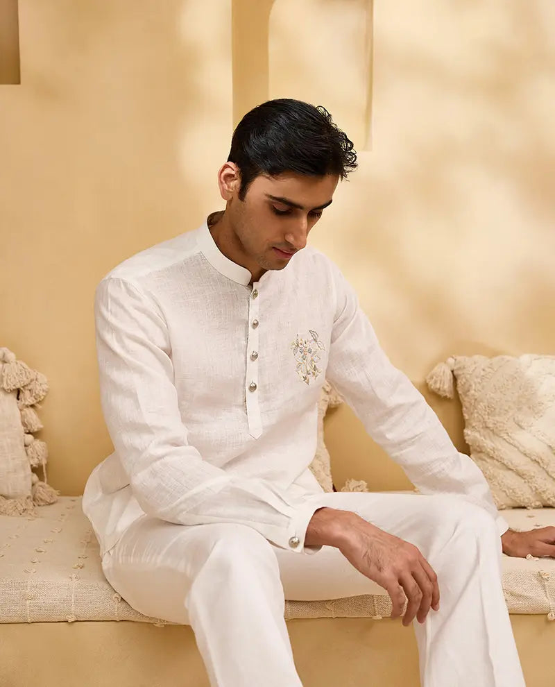 White Floral Embroidered Linen Kurti-Style Regular Fit Shirt