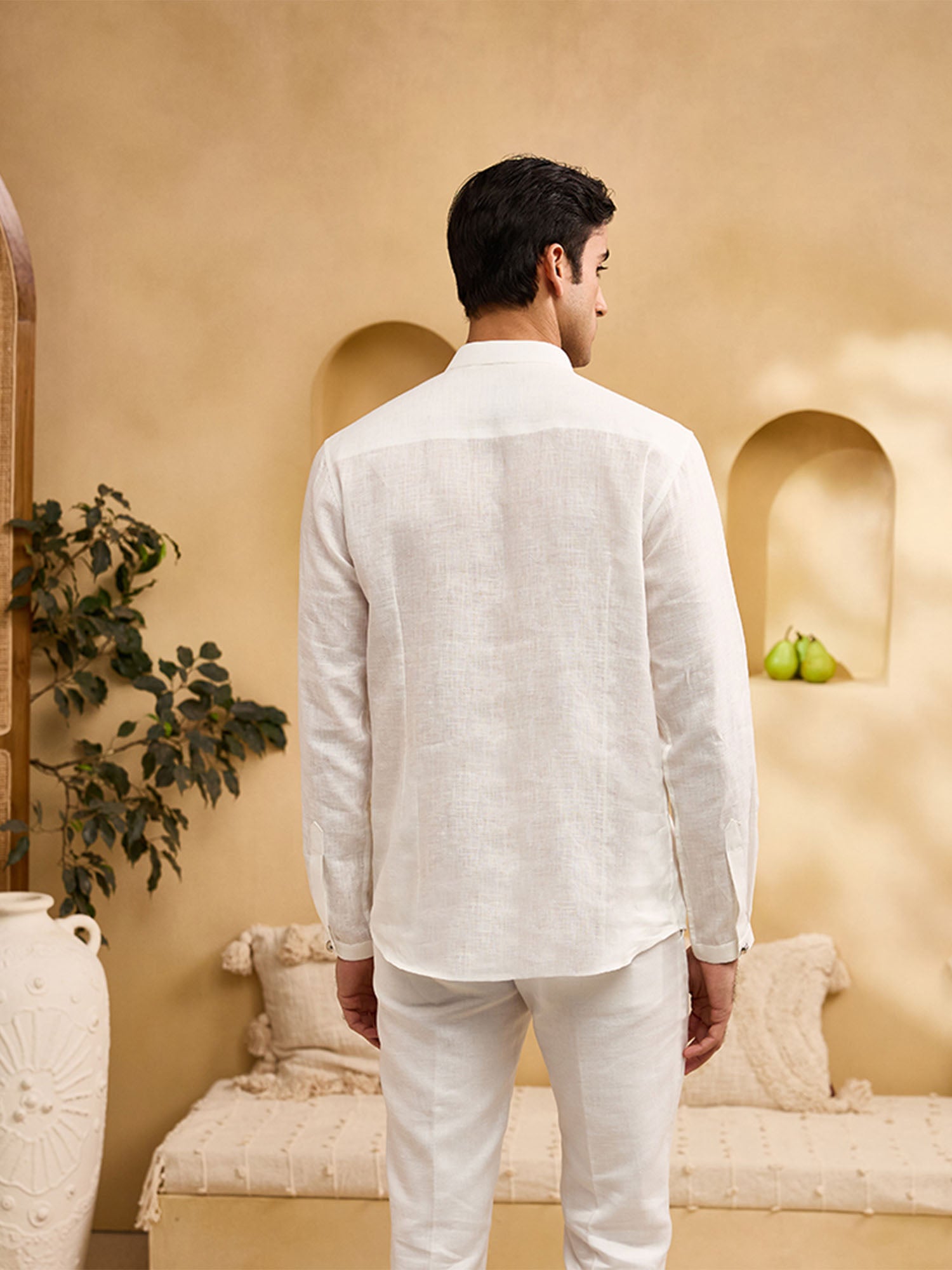 White Floral Embroidered Linen Kurti-Style Regular Fit Shirt