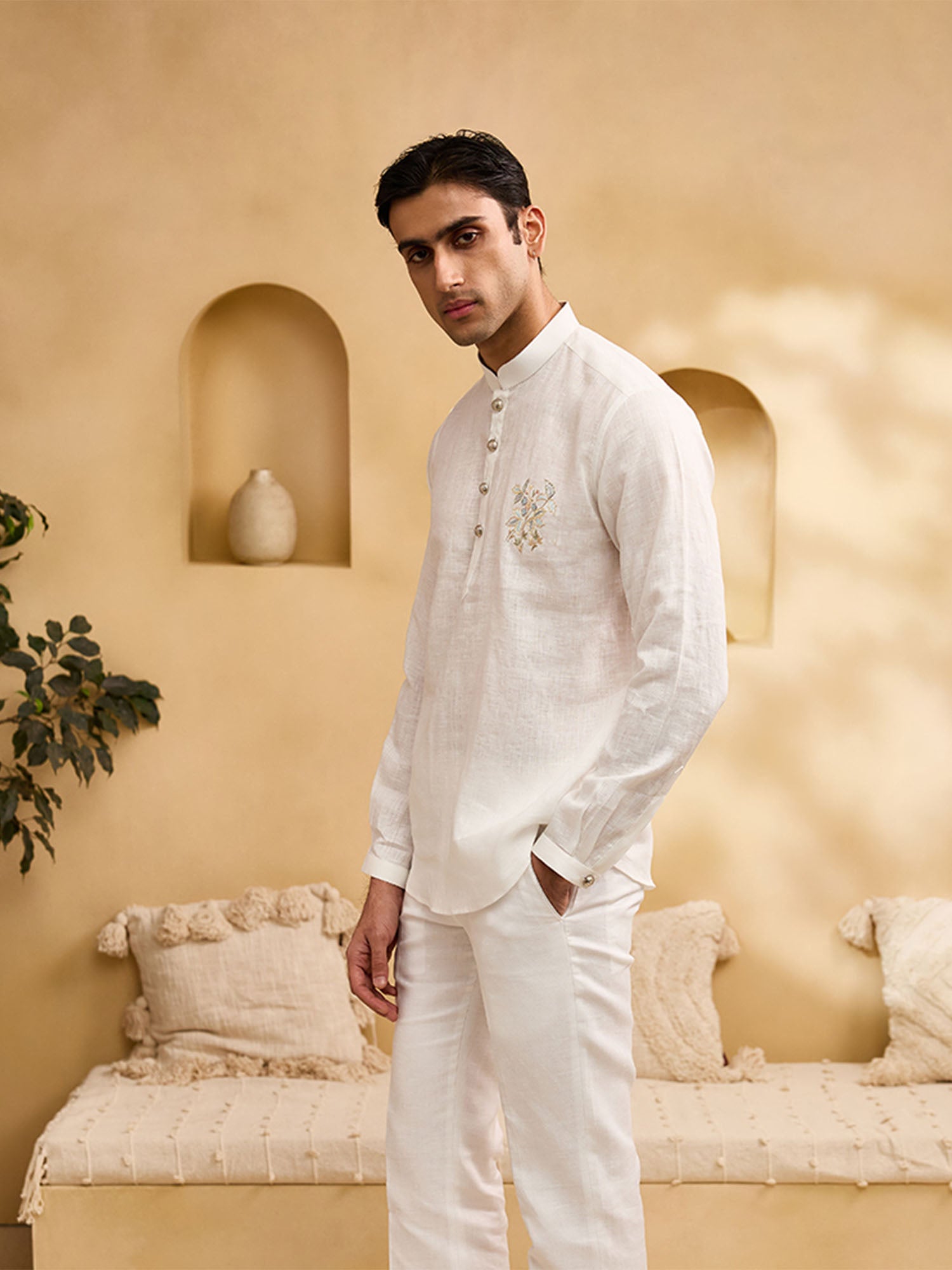 White Floral Embroidered Linen Kurti-Style Regular Fit Shirt