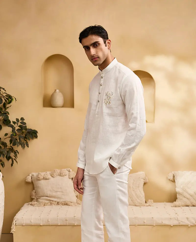 White Floral Embroidered Linen Kurti-Style Regular Fit Shirt