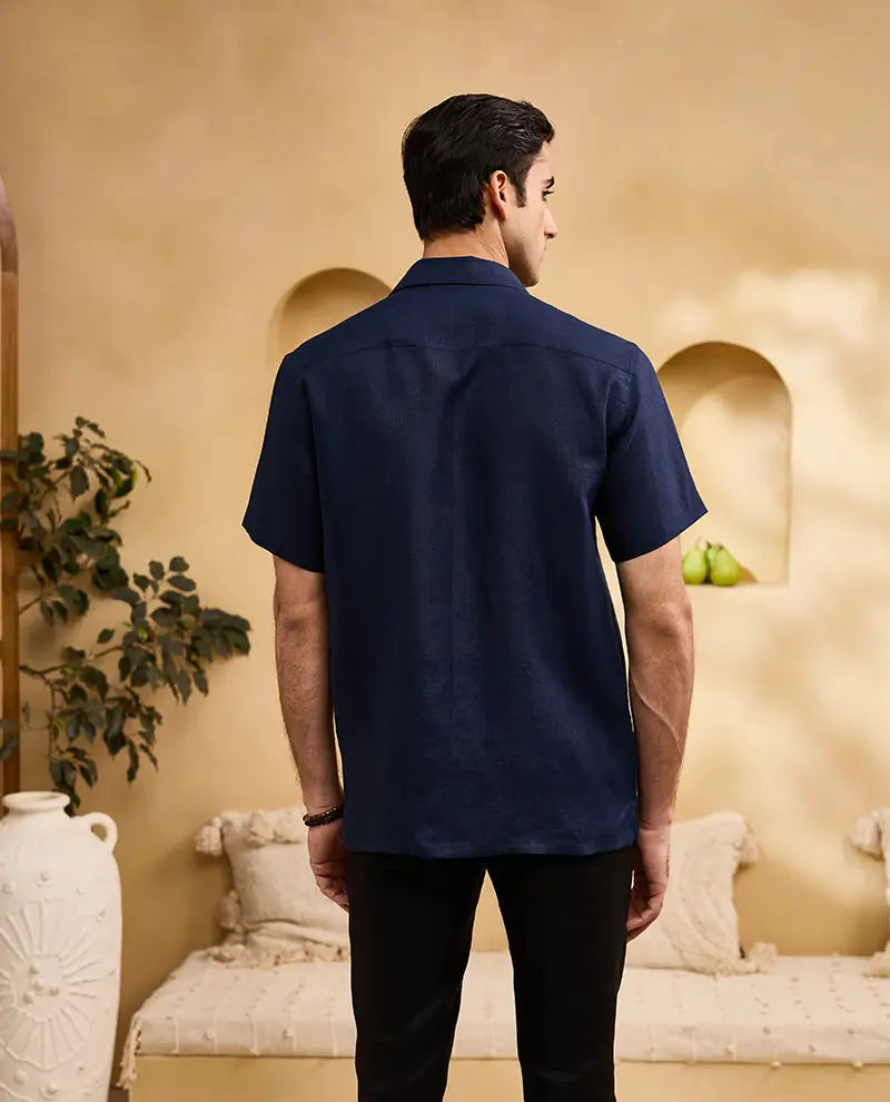 Navy Blue with Self-Coloured Floral Thread Embroidery Linen Cuban Regular Fit Shirt