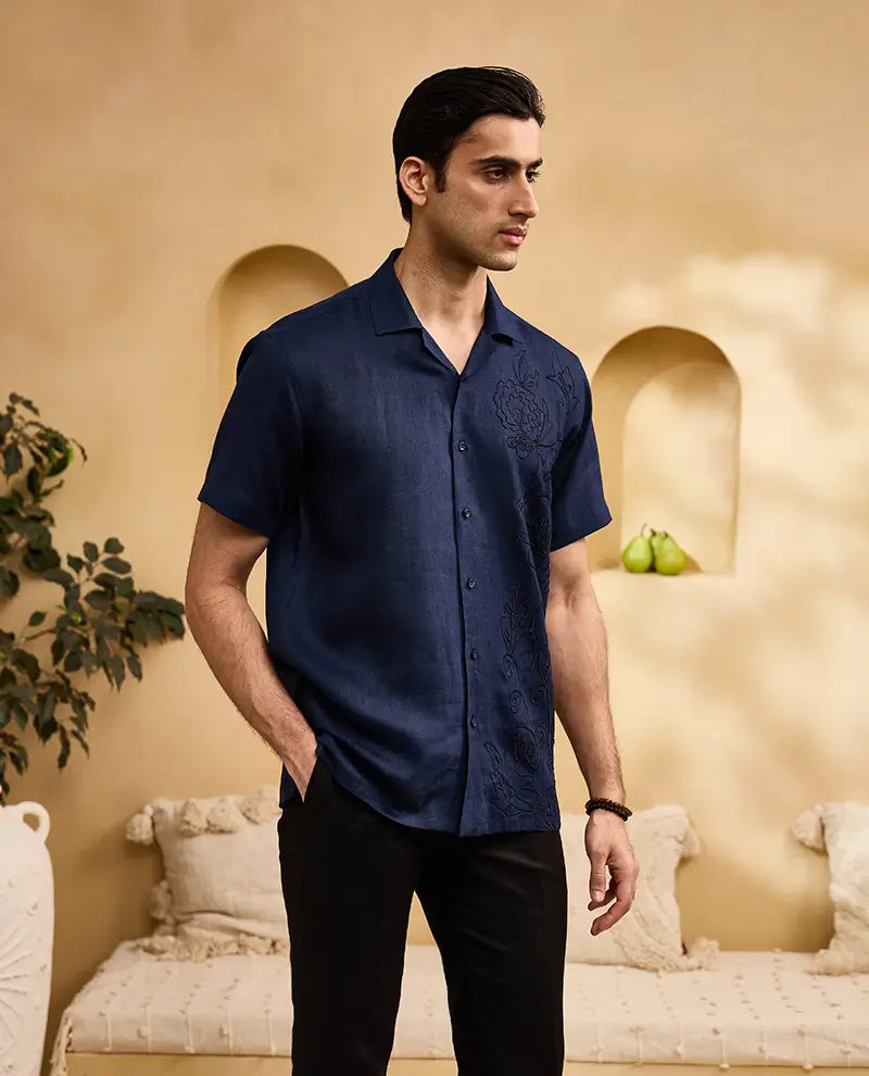 Navy Blue with Self-Coloured Floral Thread Embroidery Linen Cuban Regular Fit Shirt