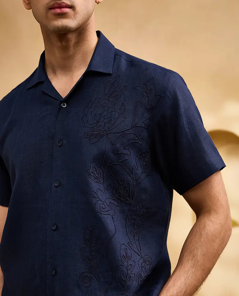 Navy Blue with Self-Coloured Floral Thread Embroidery Linen Cuban Regular Fit Shirt