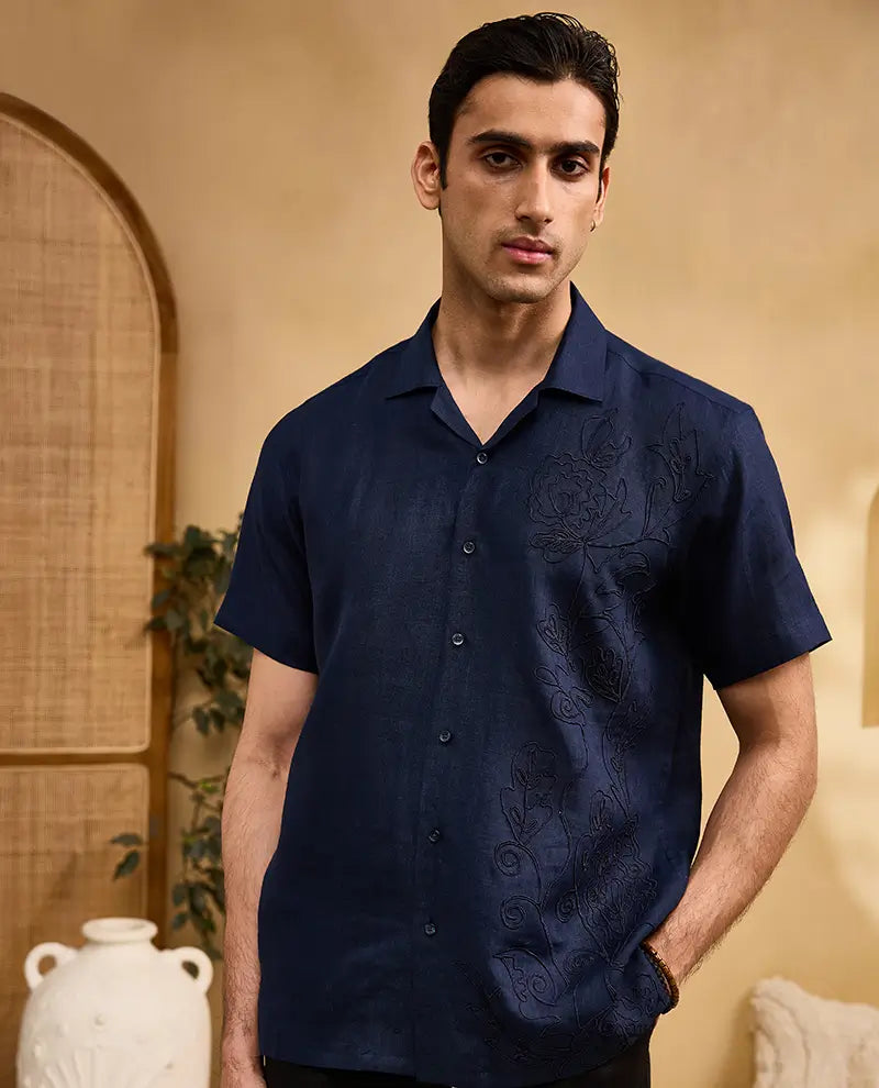Navy Blue with Self-Coloured Floral Thread Embroidery Linen Cuban Regular Fit Shirt