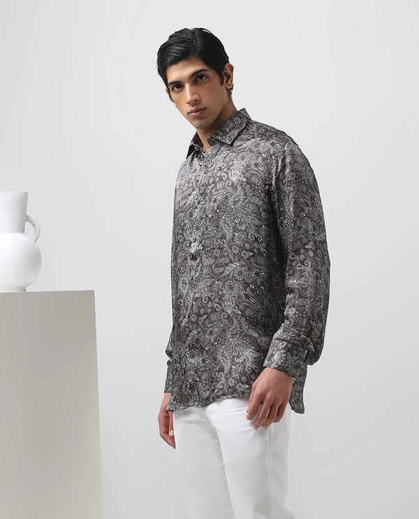 Dark Grey Cupro Silk Printed Full Sleeve Men's Slim Fit Shirt