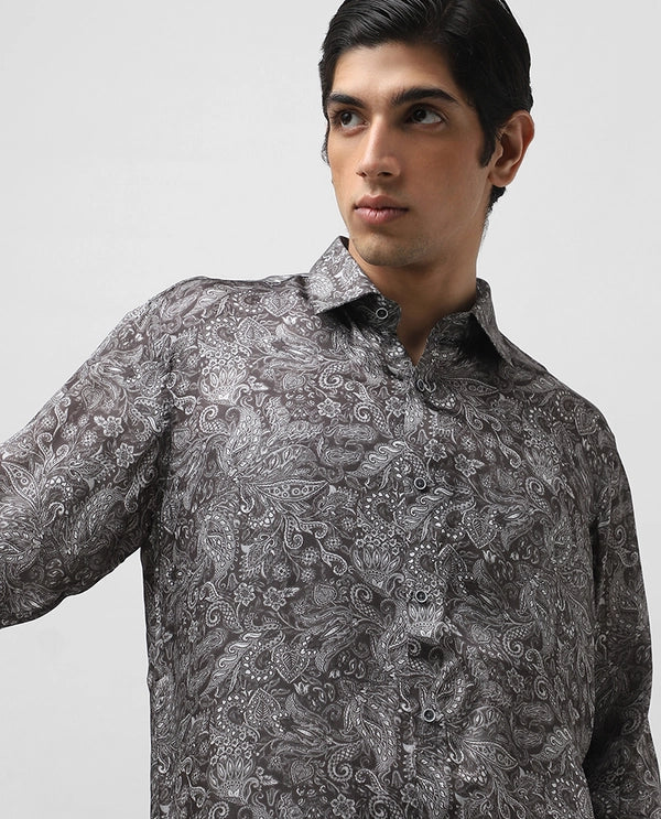 Dark Grey Cupro Silk Printed Full Sleeve Men's Slim Fit Shirt