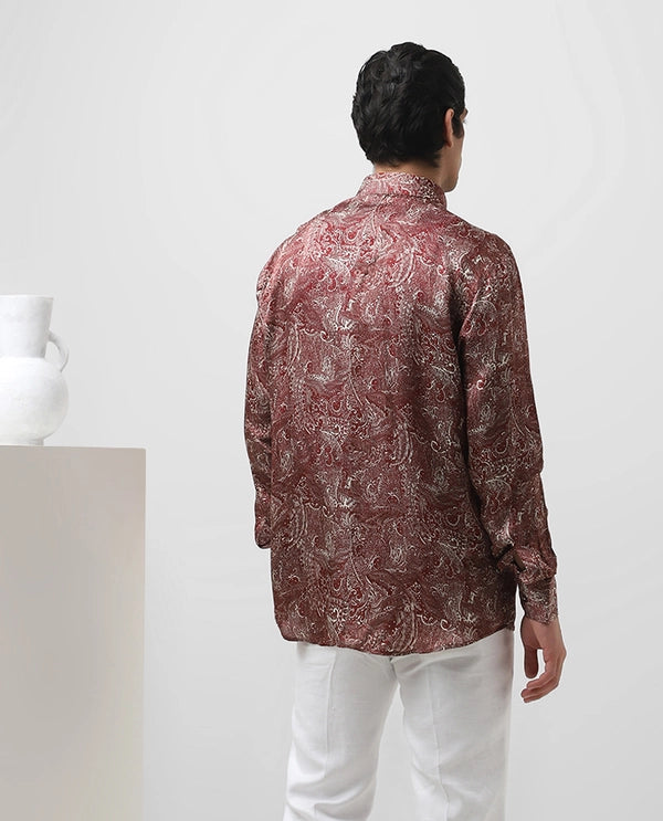 Maroon Cupro Silk Printed Full Sleeve Men's Slim Fit Shirt