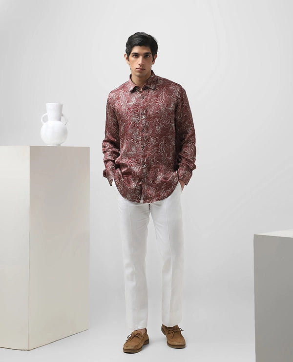 Maroon Cupro Silk Printed Full Sleeve Men's Slim Fit Shirt