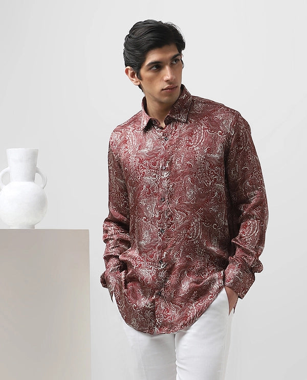Maroon Cupro Silk Printed Full Sleeve Men's Slim Fit Shirt