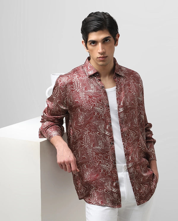 Maroon Cupro Silk Printed Full Sleeve Men's Slim Fit Shirt