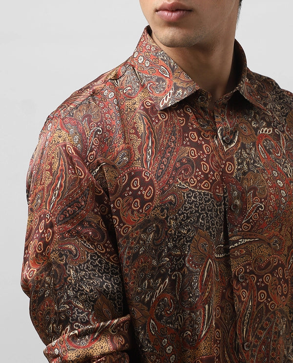 Rust Cupro Silk Printed Full Sleeve Men's Slim Fit Shirt