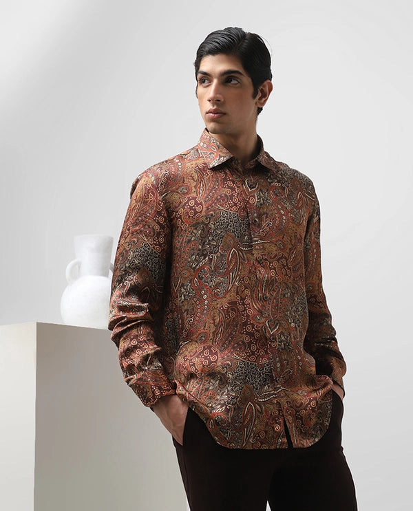 Rust Cupro Silk Printed Full Sleeve Men's Slim Fit Shirt
