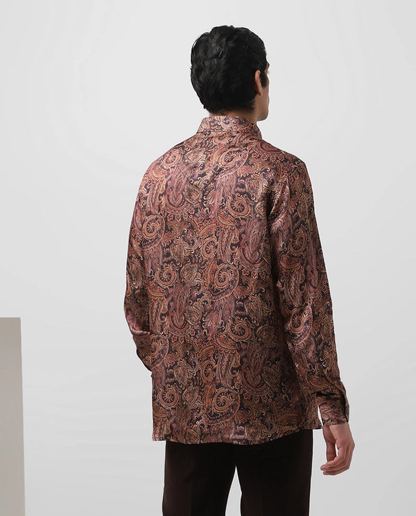 Rust Printed Full Sleeve Cupro Silk Men’s Slim Fit Shirt