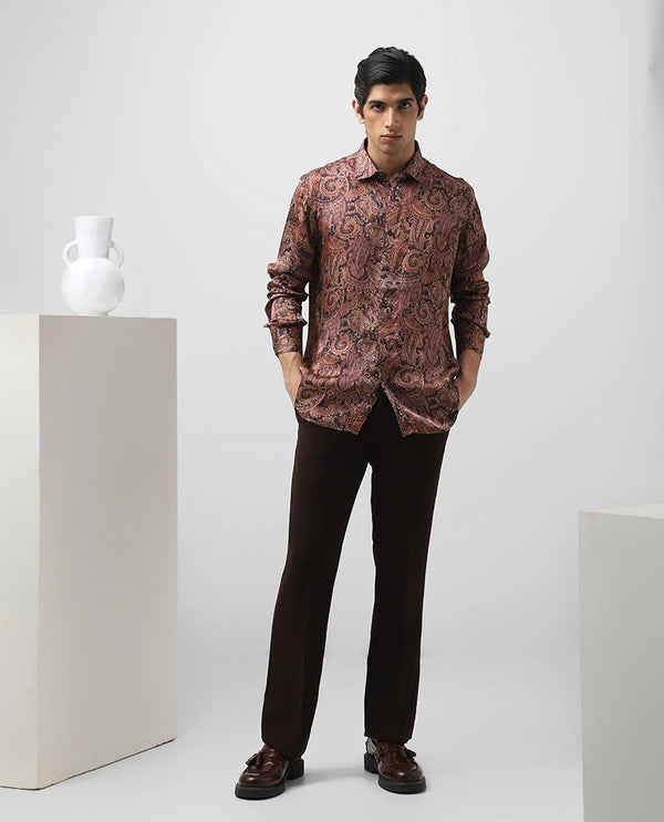 Rust Printed Full Sleeve Cupro Silk Men’s Slim Fit Shirt