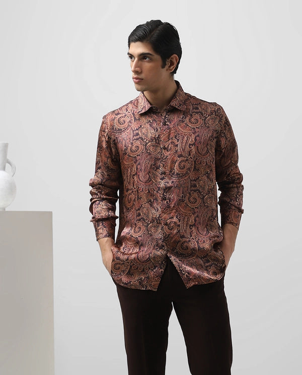 Rust Printed Full Sleeve Cupro Silk Men’s Slim Fit Shirt