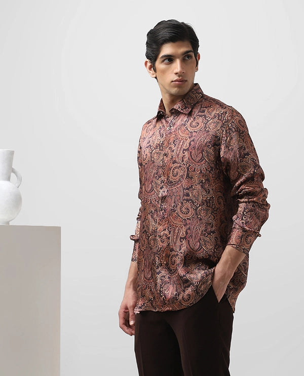 Rust Printed Full Sleeve Cupro Silk Men’s Slim Fit Shirt