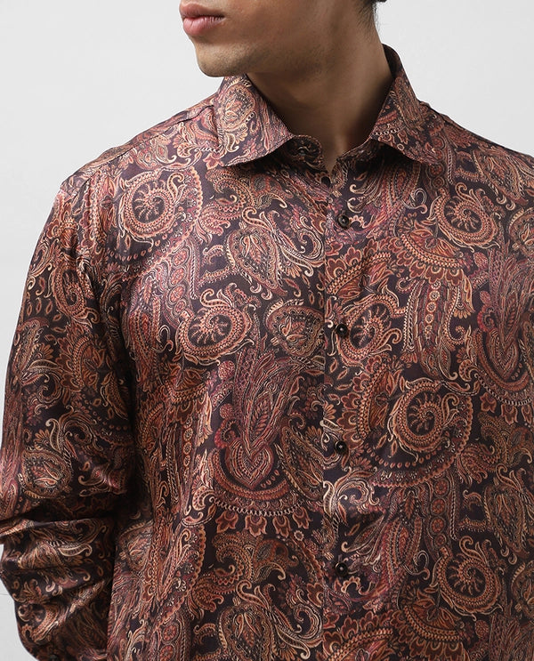 Rust Printed Full Sleeve Cupro Silk Men’s Slim Fit Shirt