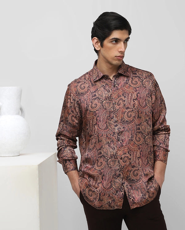 Rust Printed Full Sleeve Cupro Silk Men’s Slim Fit Shirt