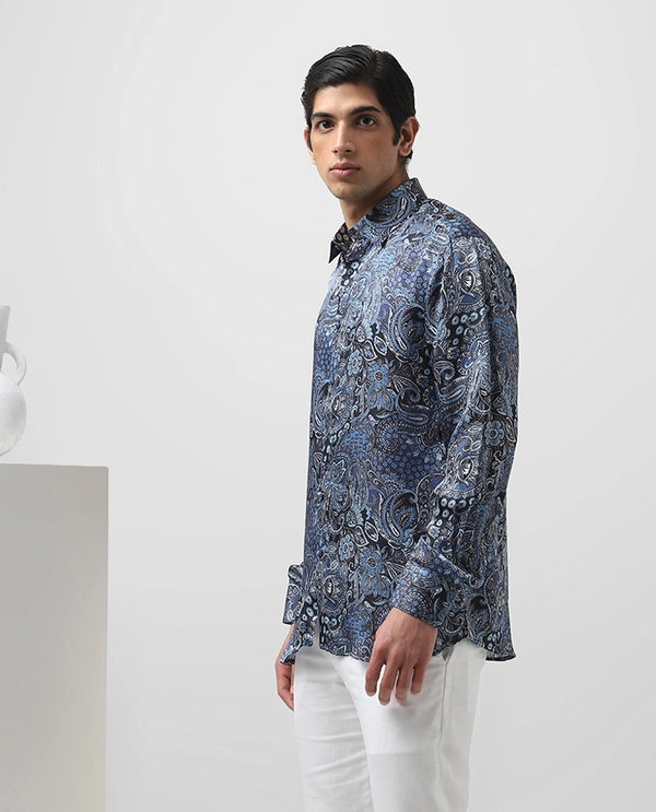 Blue Cupro Silk Printed Full Sleeve Men's Slim Fit Shirt