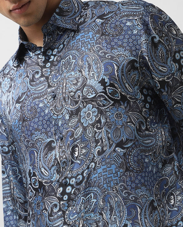 Blue Cupro Silk Printed Full Sleeve Men's Slim Fit Shirt