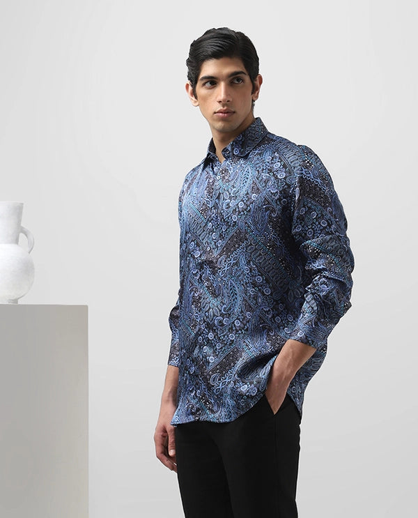 Royal Blue Cupro Silk Printed Full Sleeve Men's Slim Fit Shirt
