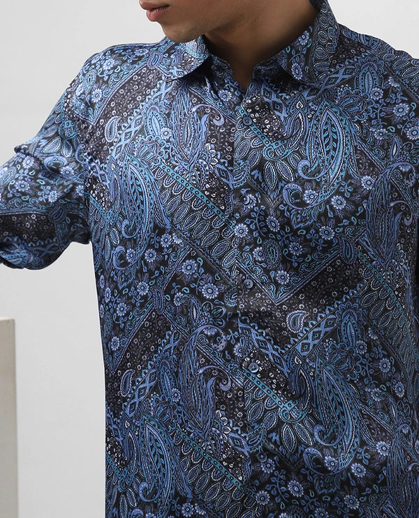 Royal Blue Cupro Silk Printed Full Sleeve Men's Slim Fit Shirt