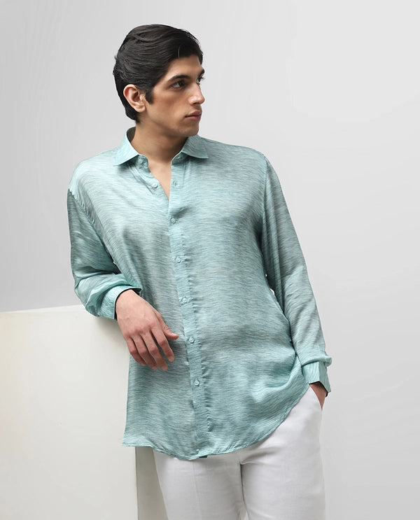 Rama Green Printed Full Sleeve Cupro Silk Men’s Slim Fit Shirt