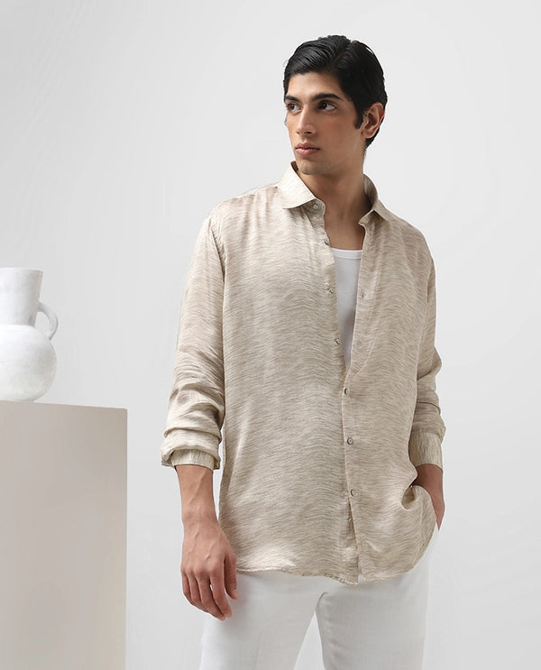 Beige Cupro Silk Full Sleeve Men's Slim Fit Shirt