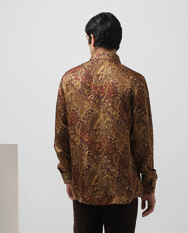Rust/Maroon Cupro Silk Printed Full Sleeve Men's Slim Fit Shirt