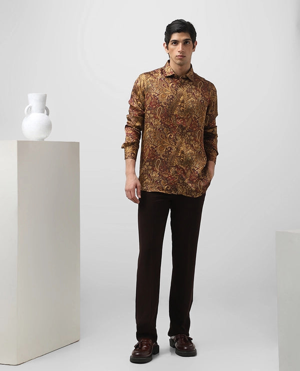Rust/Maroon Cupro Silk Printed Full Sleeve Men's Slim Fit Shirt