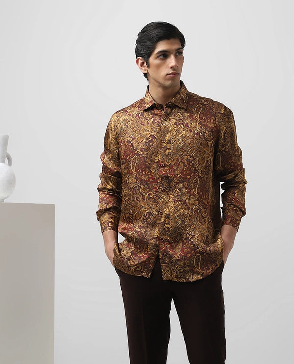 Rust/Maroon Cupro Silk Printed Full Sleeve Men's Slim Fit Shirt