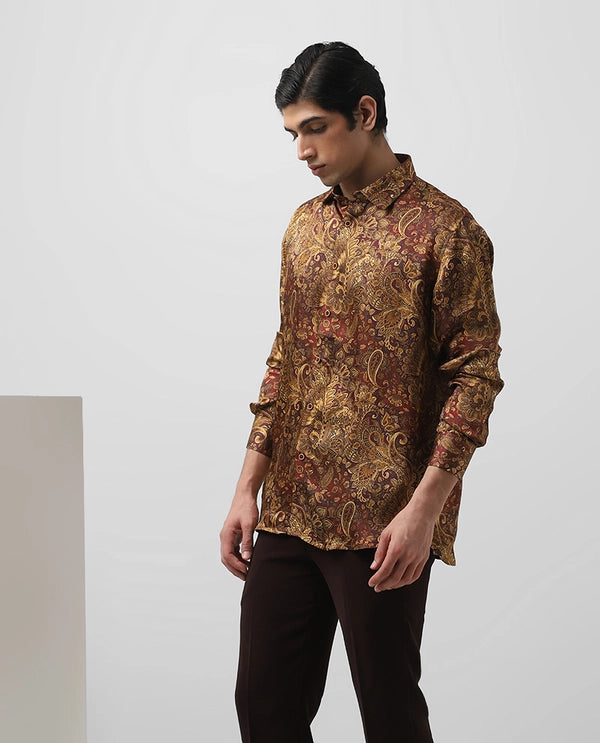 Rust/Maroon Cupro Silk Printed Full Sleeve Men's Slim Fit Shirt