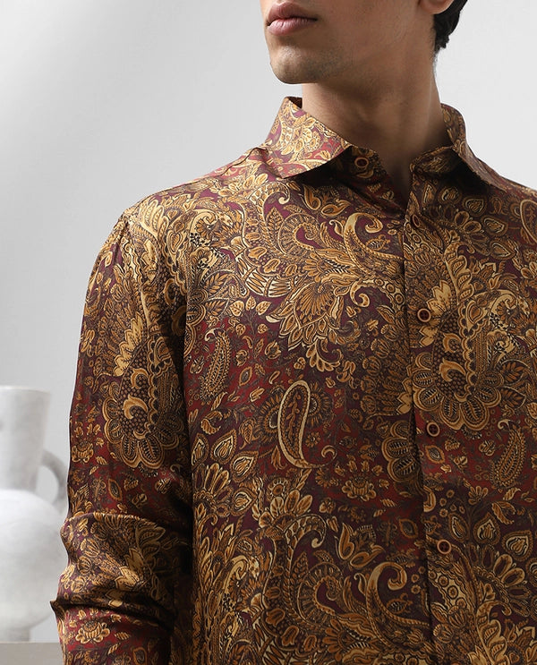 Rust/Maroon Cupro Silk Printed Full Sleeve Men's Slim Fit Shirt
