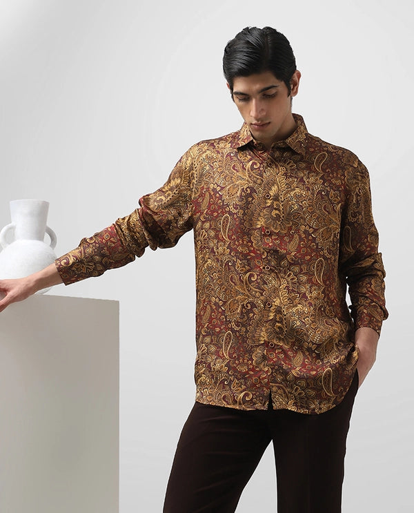 Rust/Maroon Cupro Silk Printed Full Sleeve Men's Slim Fit Shirt