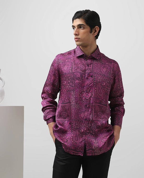Purple Printed Full Sleeve Cupro Silk Men's Slim Fit Shirt