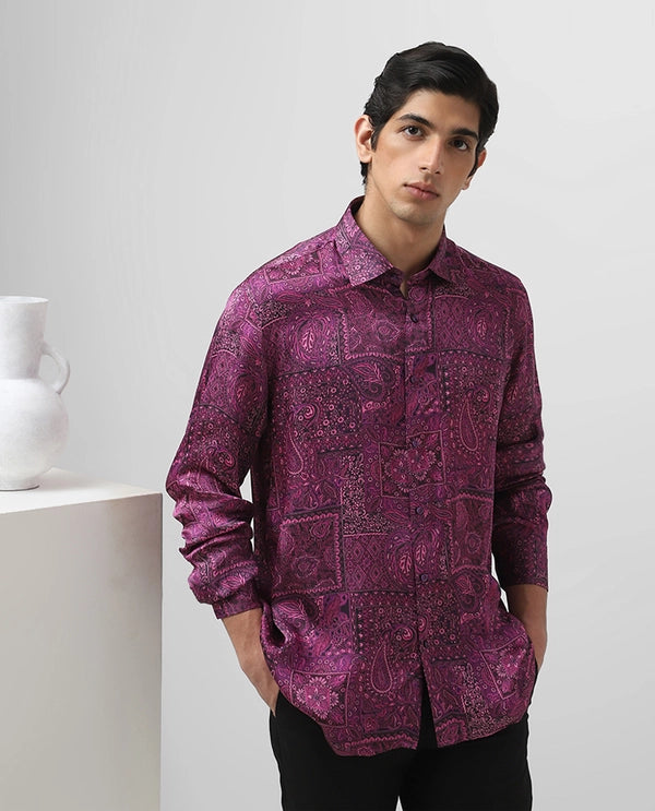 Purple Printed Full Sleeve Cupro Silk Men's Slim Fit Shirt