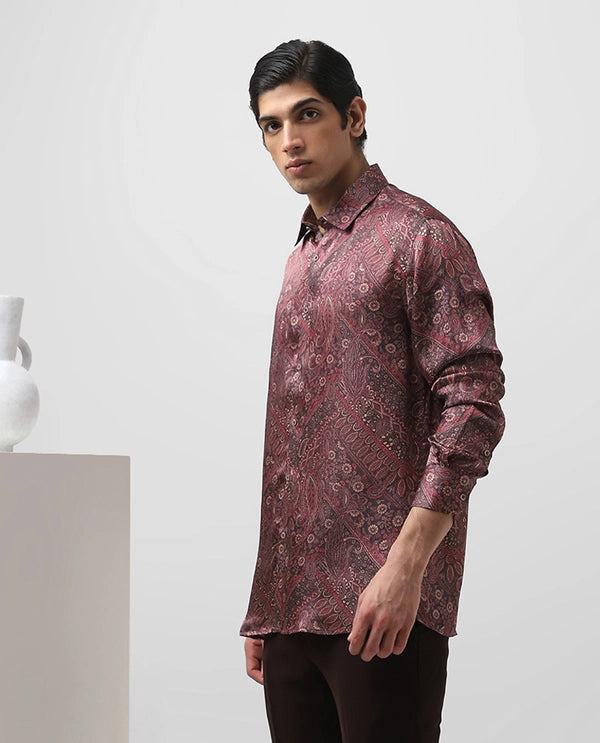 Black Wine Cupro Silk Printed Full Sleeve Men's Slim Fit Shirt