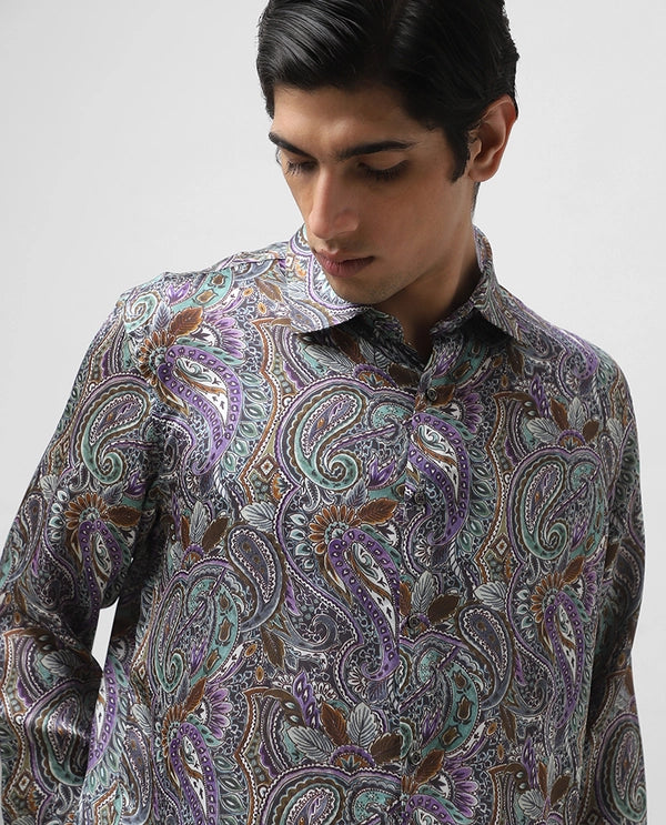 Multi Colored Cupro Silk Printed Full Sleeve Slim Fit Shirt