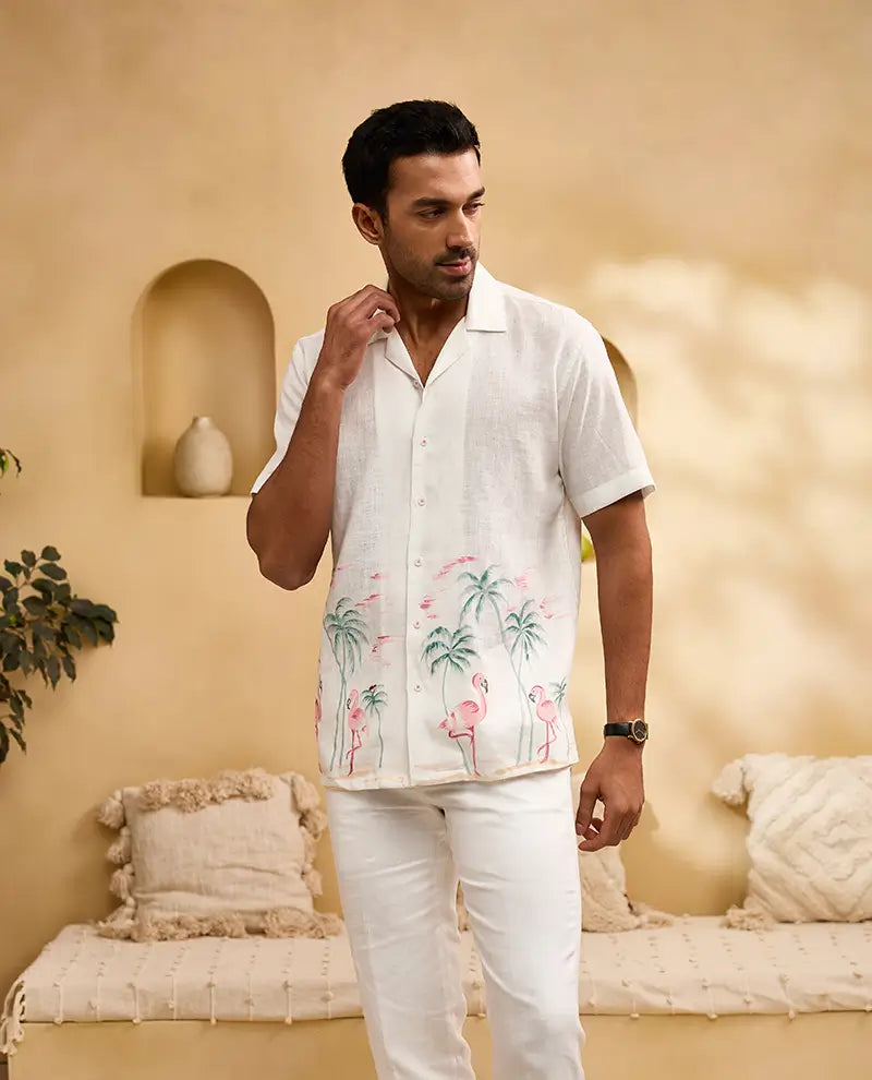 White Flora & Fauna Hand-Painted Linen Cuban Regular Fit Shirt