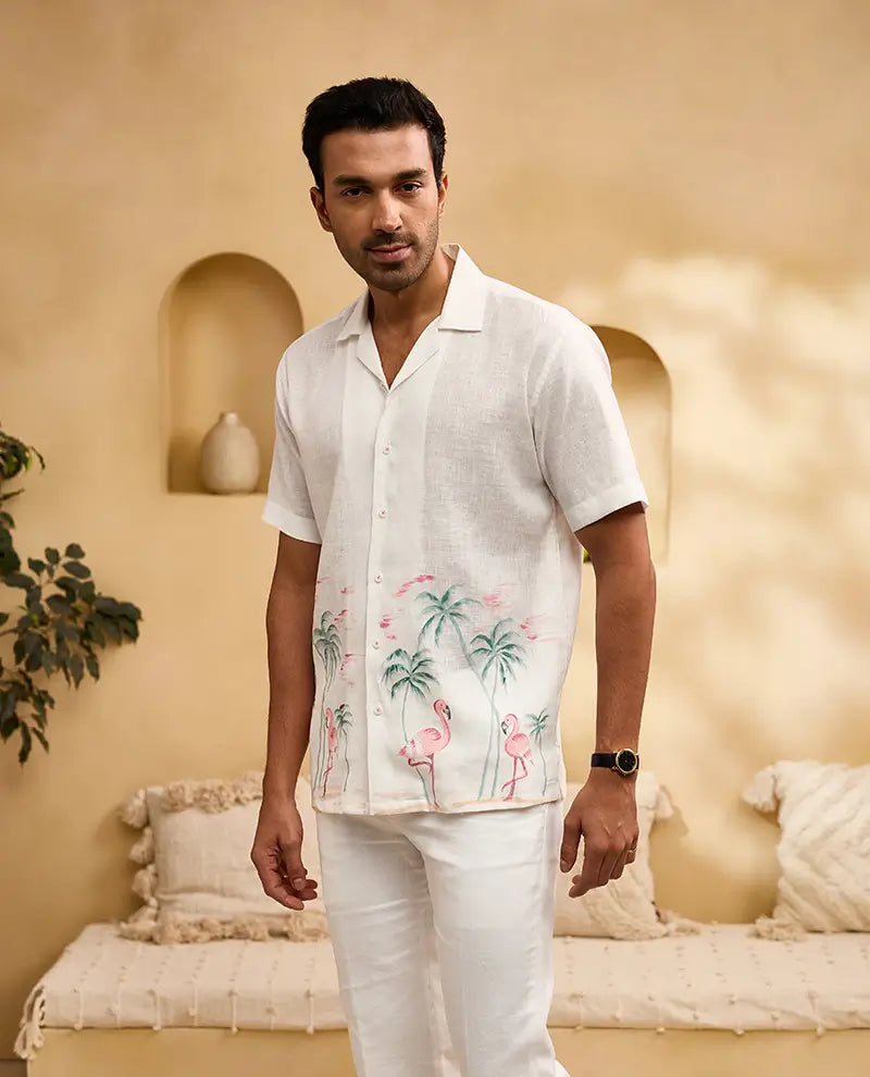 White Flora & Fauna Hand-Painted Linen Cuban Regular Fit Shirt