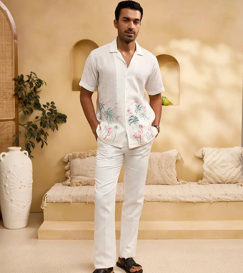 White Flora & Fauna Hand-Painted Linen Cuban Regular Fit Shirt
