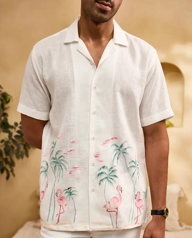 White Flora & Fauna Hand-Painted Linen Cuban Regular Fit Shirt