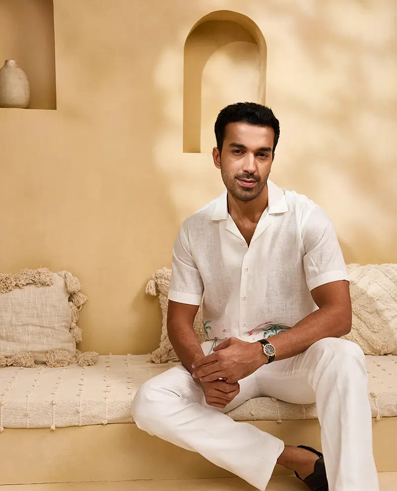 White Flora & Fauna Hand-Painted Linen Cuban Regular Fit Shirt