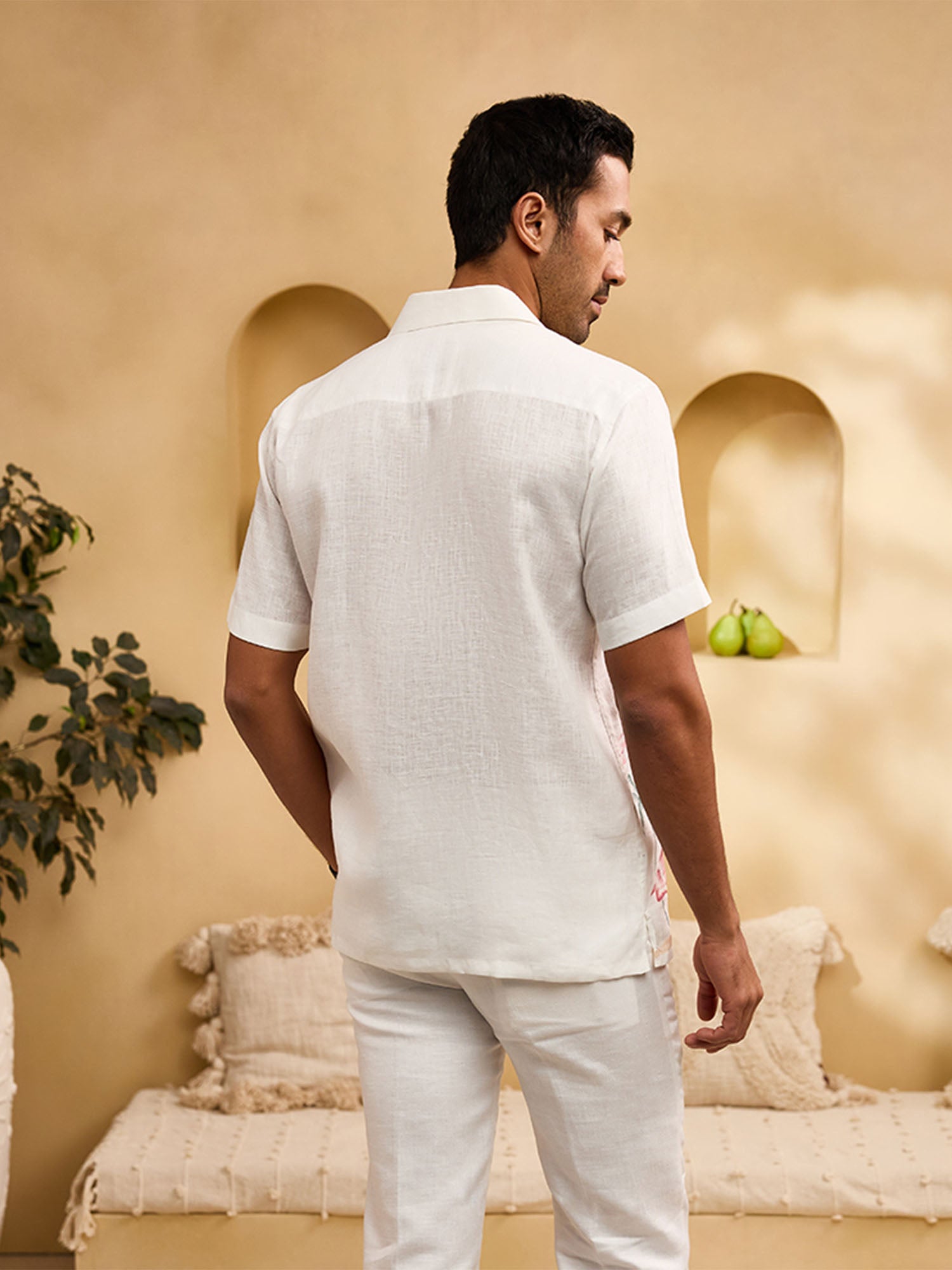 White Flora & Fauna Hand-Painted Linen Cuban Regular Fit Shirt