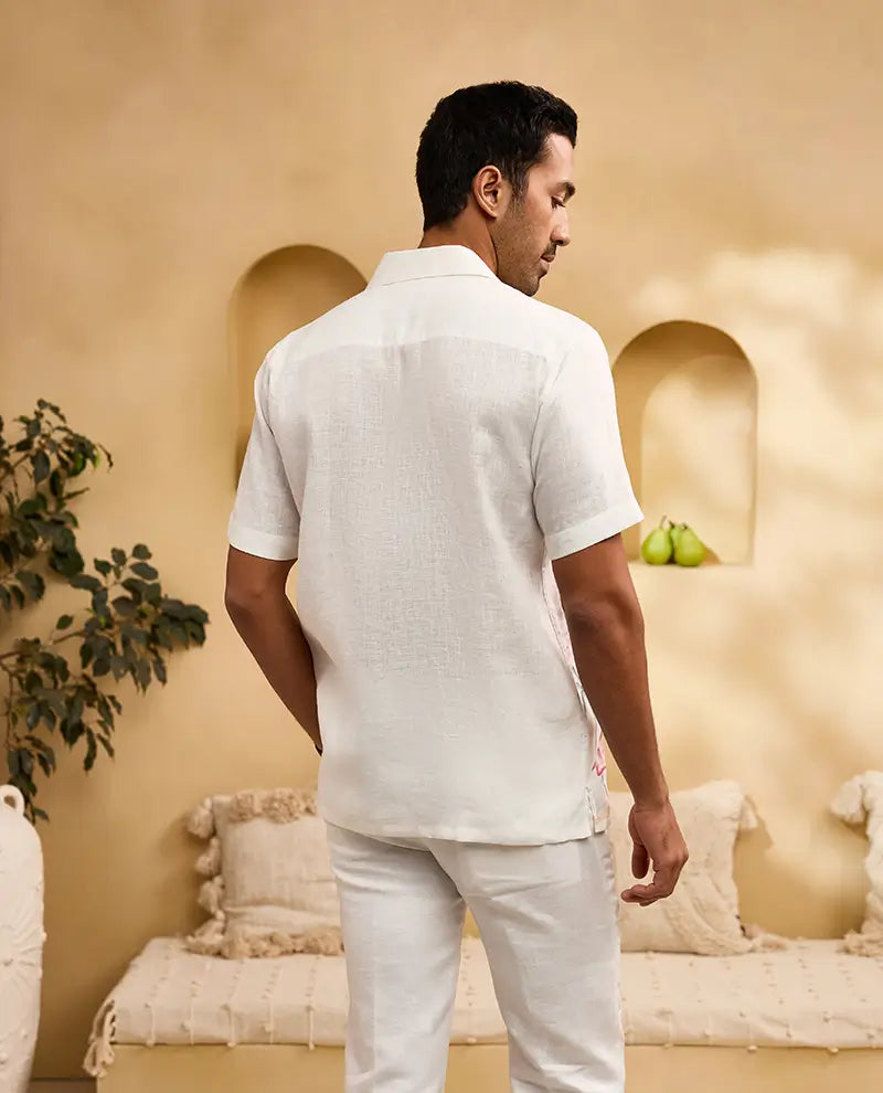 White Flora & Fauna Hand-Painted Linen Cuban Regular Fit Shirt