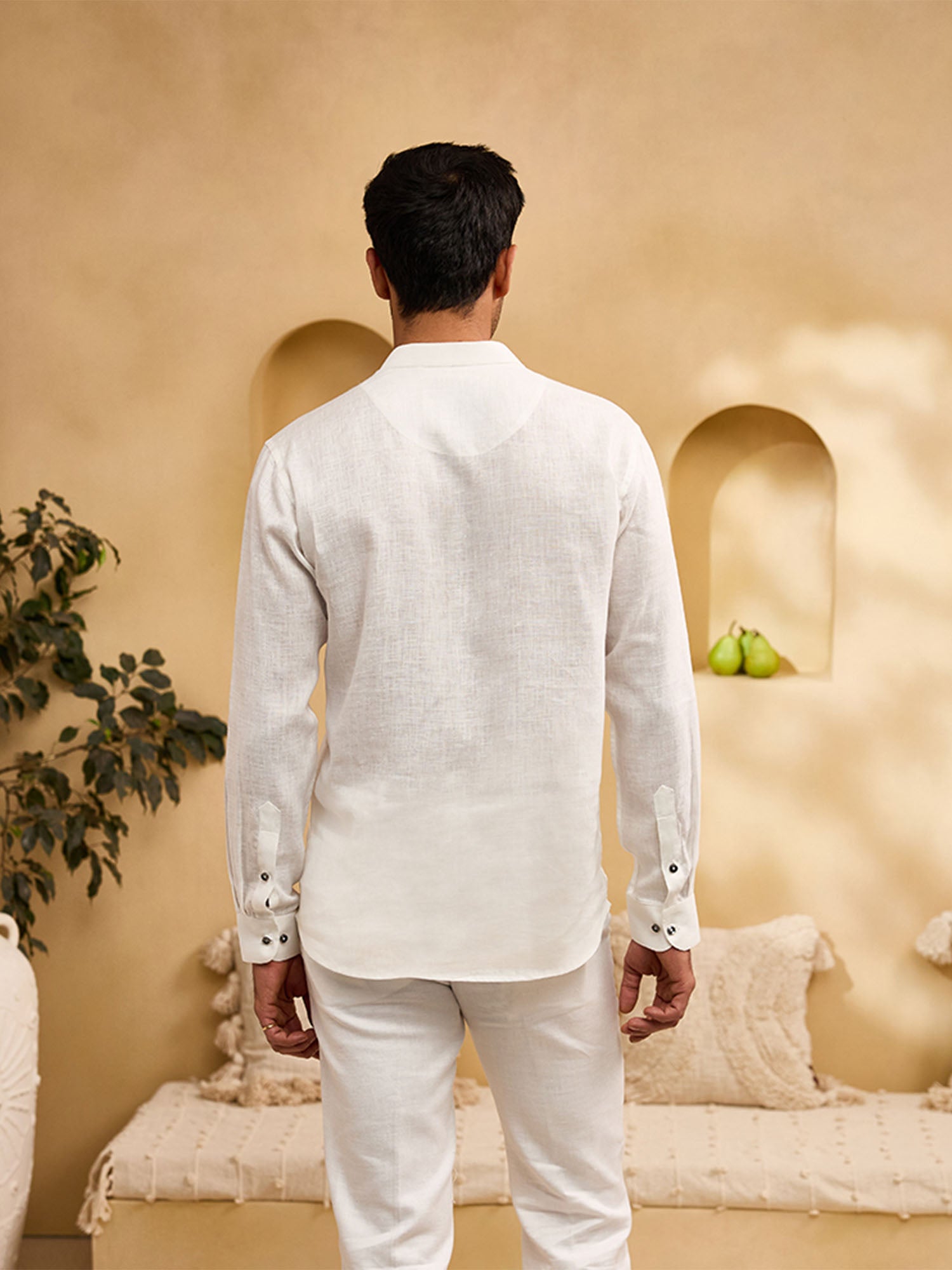 White Floral Hand-Painted Linen Kurti-Style Regular Fit Shirt