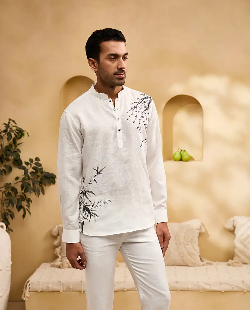 White Floral Hand-Painted Linen Kurti-Style Regular Fit Shirt