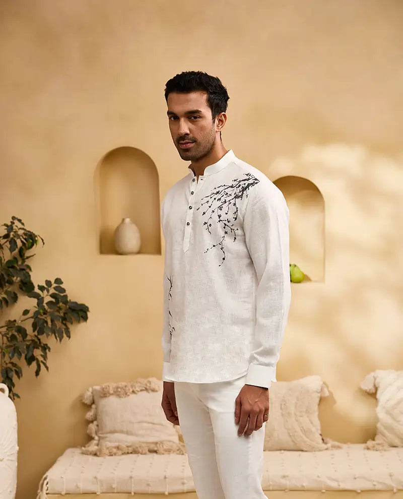 White Floral Hand-Painted Linen Kurti-Style Regular Fit Shirt